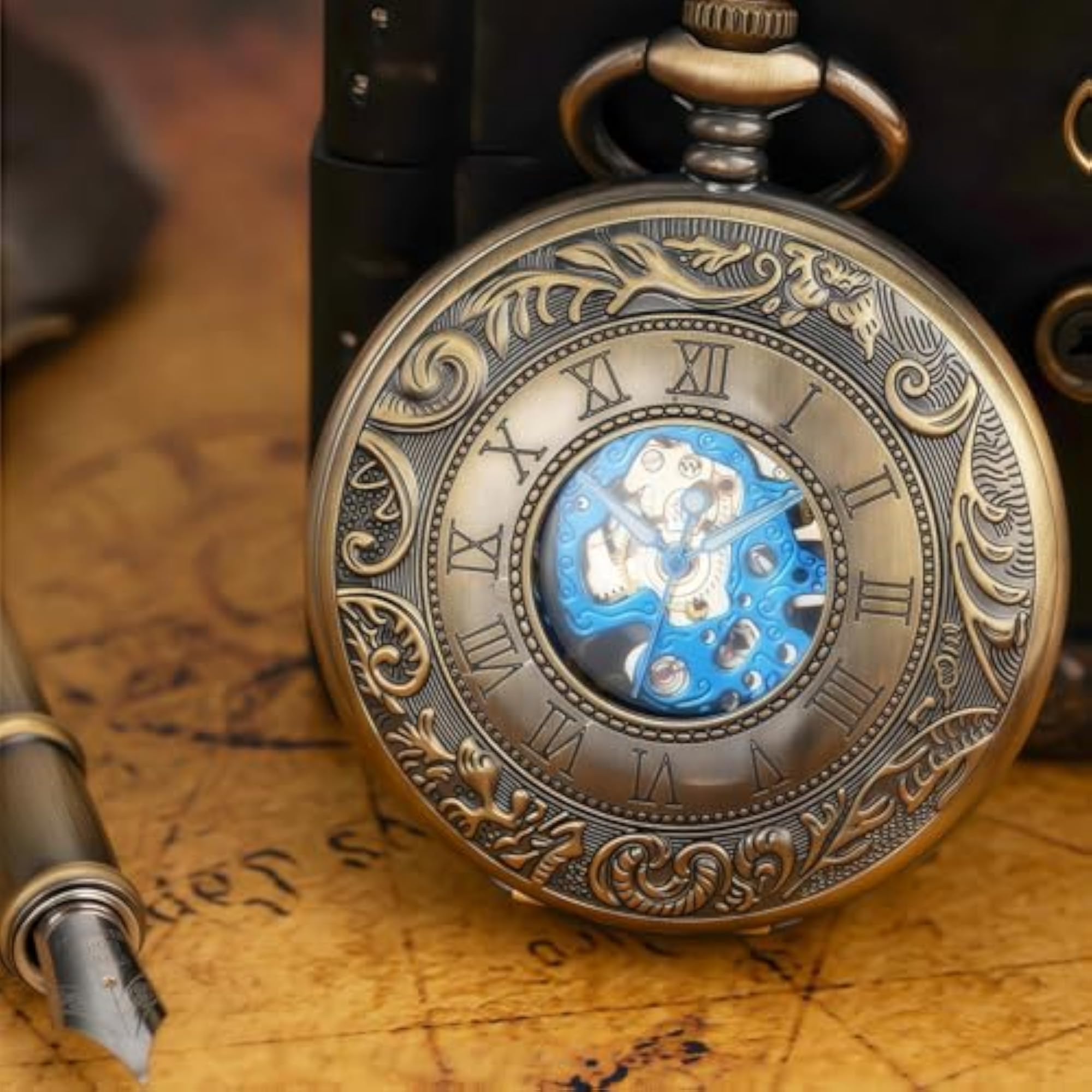 Mechanical Bronze Skeleton Pocket Watch with Chain, Gift for Him
